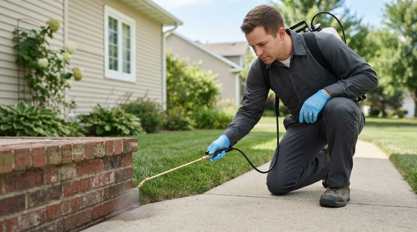 Pest control technician treating a home near Adams Center, NY