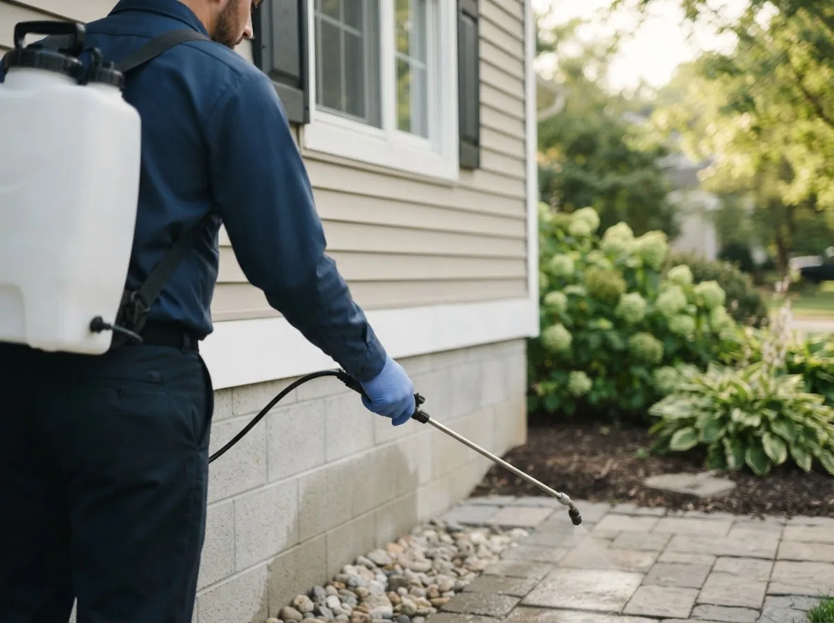 Pest control technician inspecting a home in Adams Center, NY